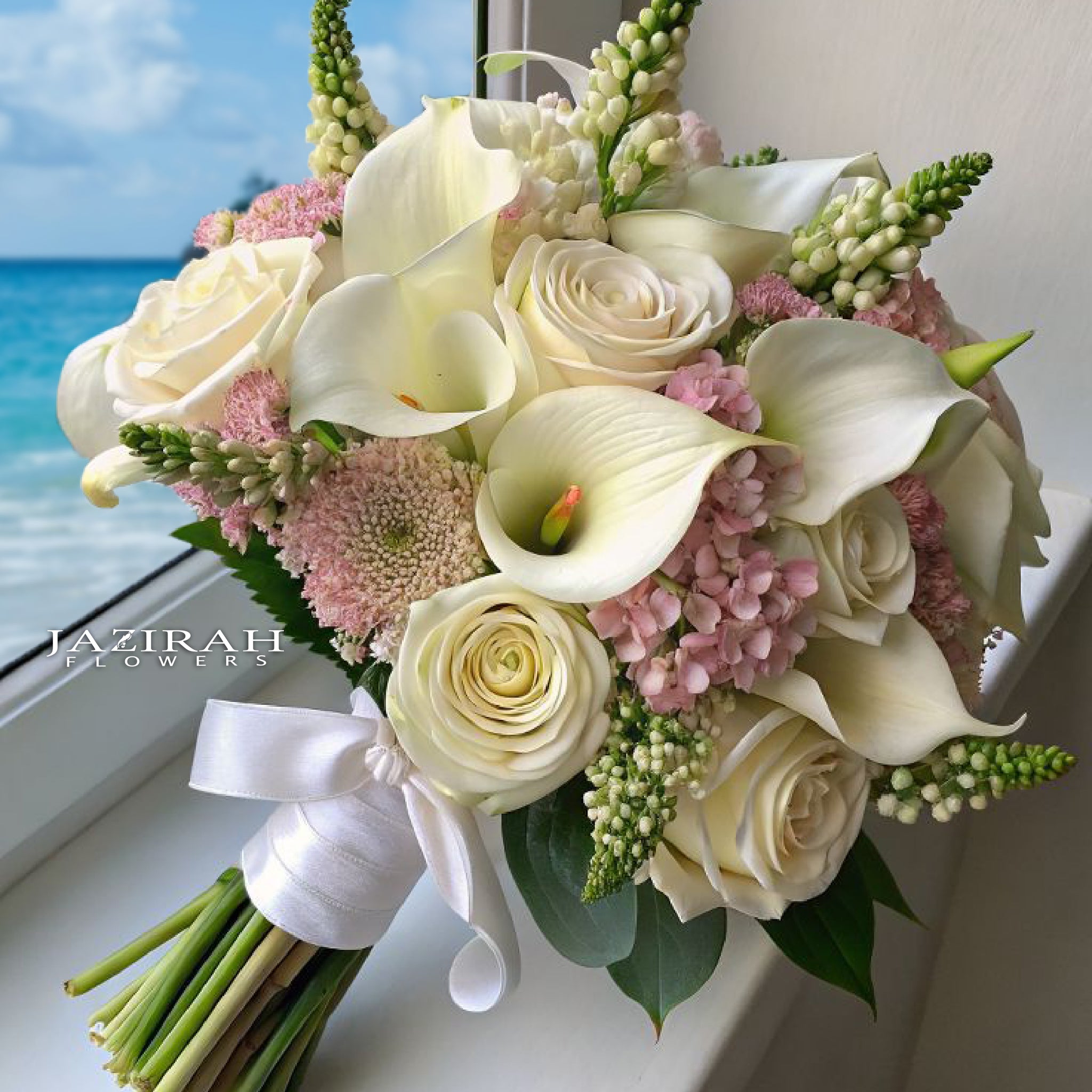 Classic White & Blush Bridal Bouquet – Roses, Calla Lilies & Seasonal Mix
