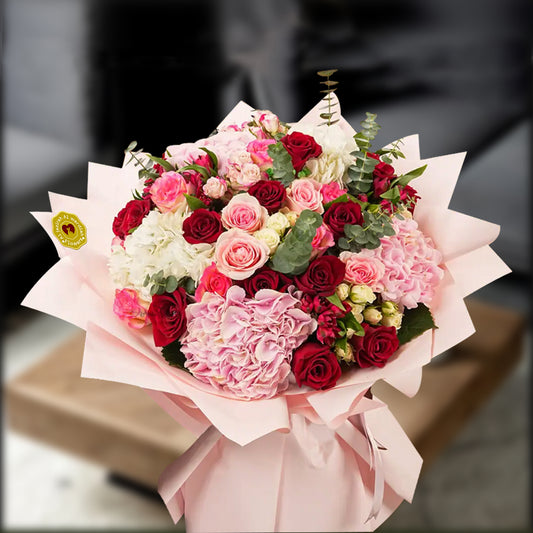 red and pink roses, hydrangeas, and white blooms, Birthday gift, Mothers day flowers