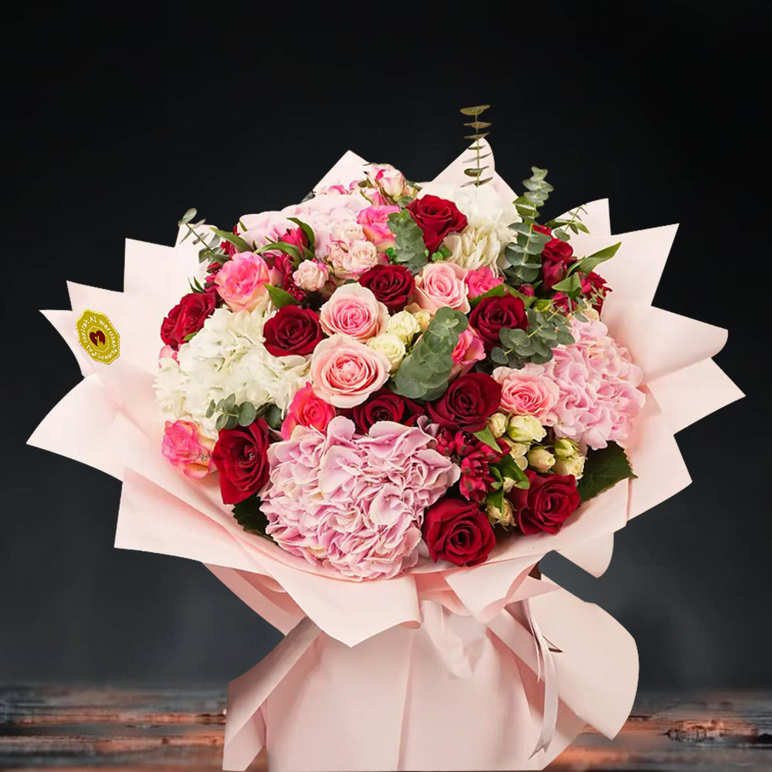 red and pink roses, hydrangeas, and white blooms, Birthday gift, Mothers day flowers